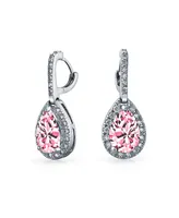 Bling Jewelry 7CT Style Halo Pink Cubic Zirconia Cz Formal Huggie Snap Hinge Dangle Drop Teardrop Earrings smaid Rhodium Plated