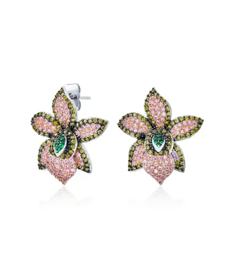 3D Green Pink Orchid Flower Shaped Pave Cz Large Stud Earrings For Women Cubic Zirconia Rhodium Plated Brass