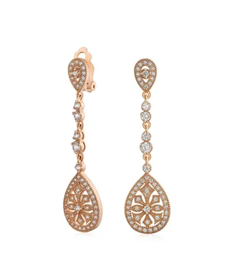 Bling Jewelry Art Deco Style Filigree Teardrop Cubic Zirconia Chandelier Clip On Earrings