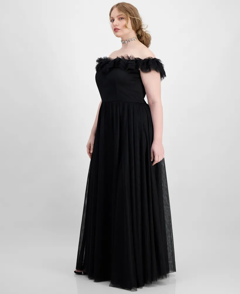 City Studios Trendy Plus Tulle-Trim Off-The-Shoulder Gown, Created for Macy's