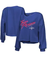 Women's Majestic Threads Royal Texas Rangers 2023 World Series Champions Off-Shoulder Script Cropped Long Sleeve V-Neck T-shirt