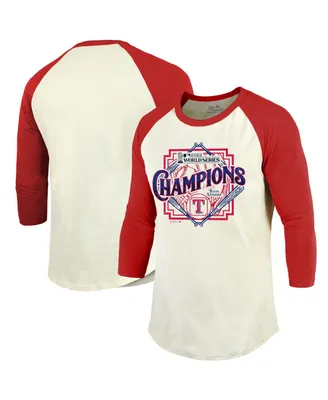 Men's Majestic Threads Cream, Red Distressed Texas Rangers 2023 World Series Champions Raglan 3/4-Sleeve T-shirt