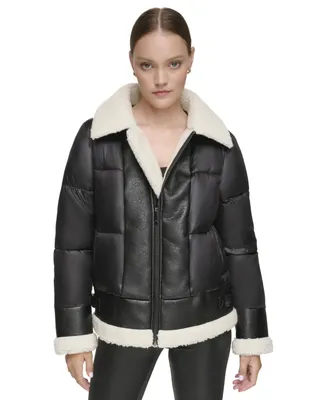 Andrew Marc Sport Women's Puffer Jacket With Faux Leather and Sherpa Trim