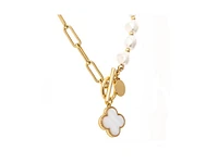 Half Pearl + Half Paperclip Chain Necklace with Clover Charm