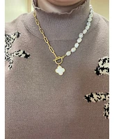 Half Pearl + Half Paperclip Chain Necklace with Clover Charm