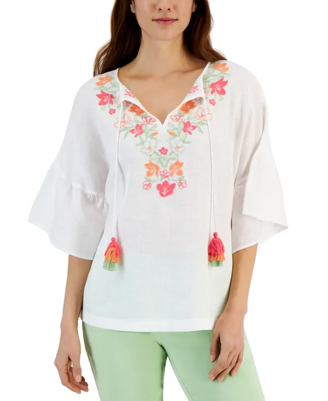 Charter Club Women's 100% Linen Embroidered Peasant Top, Created for Macy's