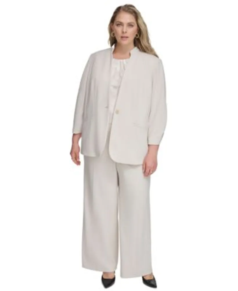 Calvin Klein Plus Size One Button Ruched Sleeve Jacket Printed Pleated Neck Camisole Scuba Crepe Wide Leg Pants
