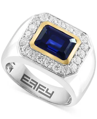 Effy Men's Lab Grown Sapphire (3-1/3 ct. t.w.) & Lab Grown Diamond (3/4 ct. t.w.) Halo Ring in 14k Two-Tone Gold