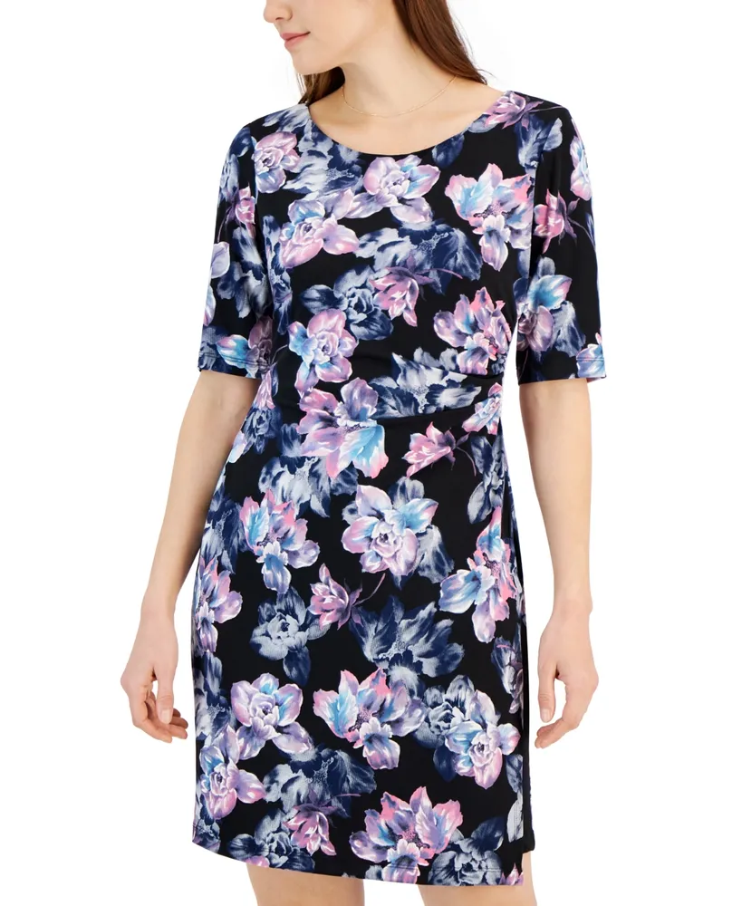 Connected Petite Printed Round-Neck 3/4-Sleeve Sheath Dress