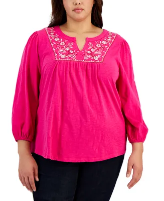 Style & Co Plus Embroidered Split-Neck Top, Created for Macy's