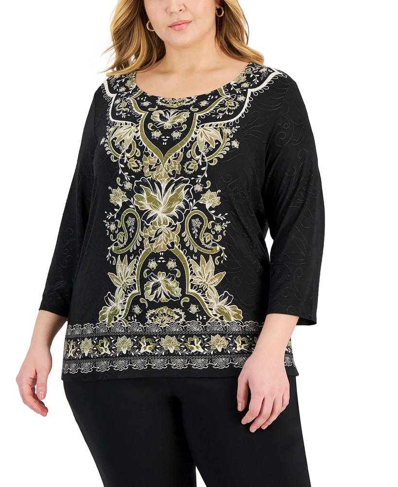 Jm Collection Plus Printed Border-Hem Jacquard Top, Created for Macy's