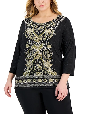 Jm Collection Plus Printed Border-Hem Jacquard Top, Created for Macy's