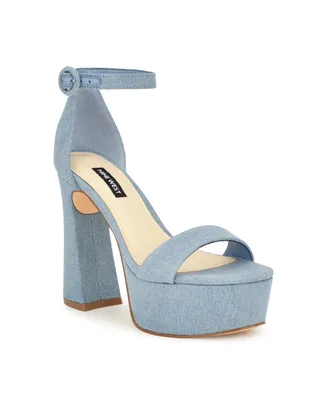 Nine West Women's Ivana Flared Heel Open Toe Dress Sandals - Light Blue Denim