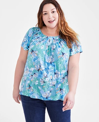 Style & Co Plus Printed Pleated-Neck Top, Created for Macy's