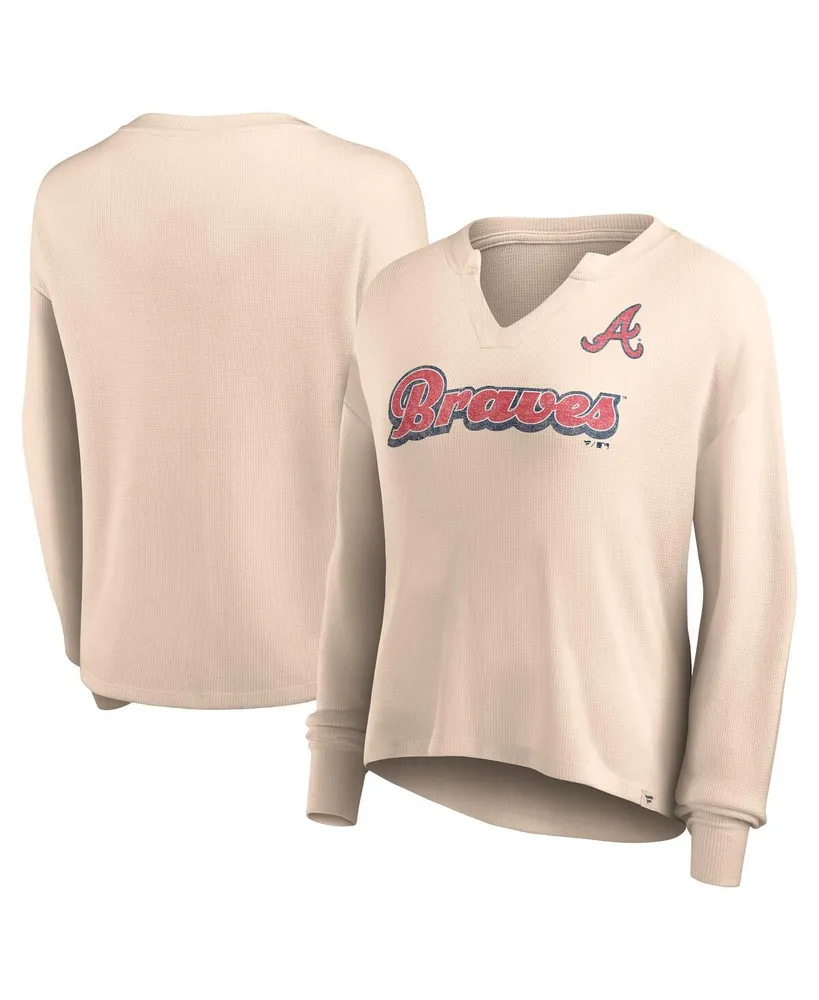 Women's Fanatics Cream Distressed Atlanta Braves Go For It Waffle Knit Long Sleeve Notch Neck T-shirt