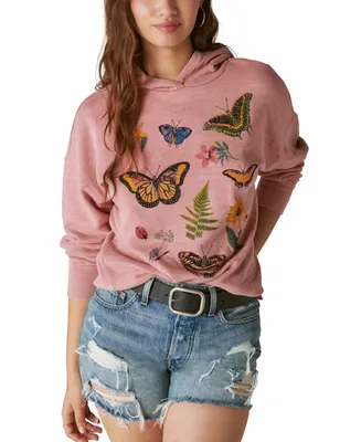 Lucky Brand Women's Butterfly Floral Motif Hooded Sweatshirt