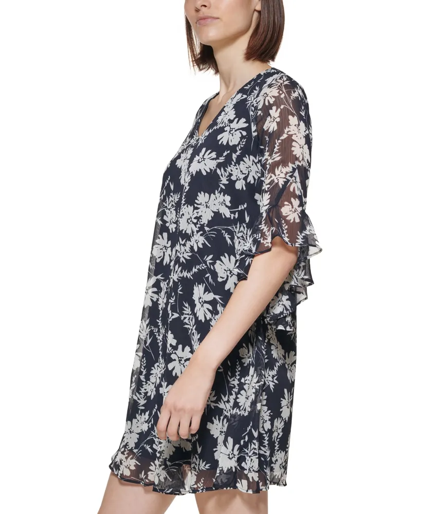 Calvin Klein Women's 3/4-Sleeve Printed Chiffon Dress