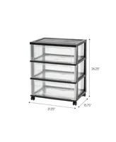 Plastic 3 Drawer Wide Storage Cart with 4 Caster Wheels, Black