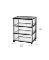 Iris Plastic 3 Drawer Wide Storage Cart with 4 Caster Wheels, Black