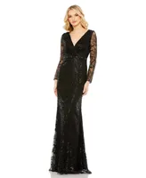 Mac Duggal Women's Embellished Wrap Over Long Sleeve Gown