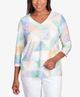 Alfred Dunner Petite Classic Pastels Textured Geometric V-neck Top