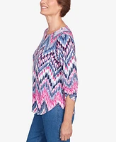 Alfred Dunner Petite Classic Puff Print Ikat Chevron Split Neck Top