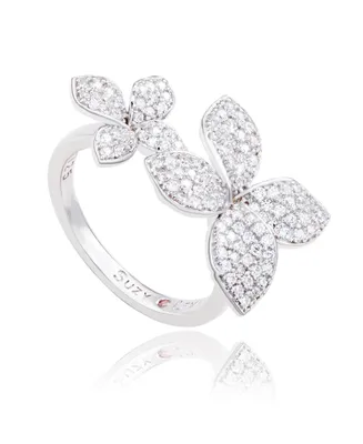 Suzy Levian New York Sterling Silver Cubic Zirconia Between The Finger Double Flower Ring
