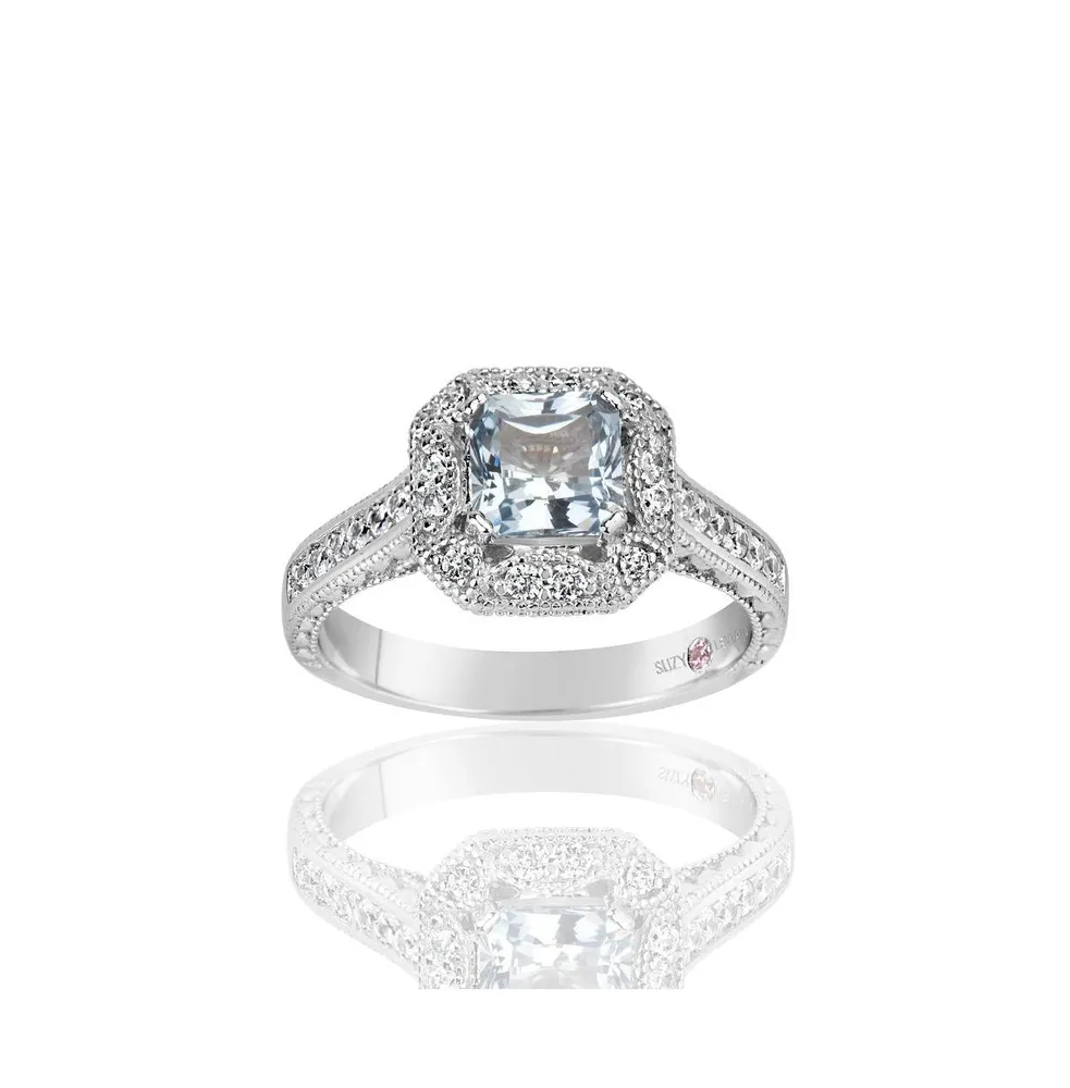 Suzy Levian New York Sterling Silver Asscher Cut Cubic Zirconia Aquamarine Engagement Ring