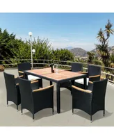 Simplie Fun 7 Piece Outdoor Patio Wicker Dining Set Patio Wicker Furniture Dining Set with Acacia Wood Top