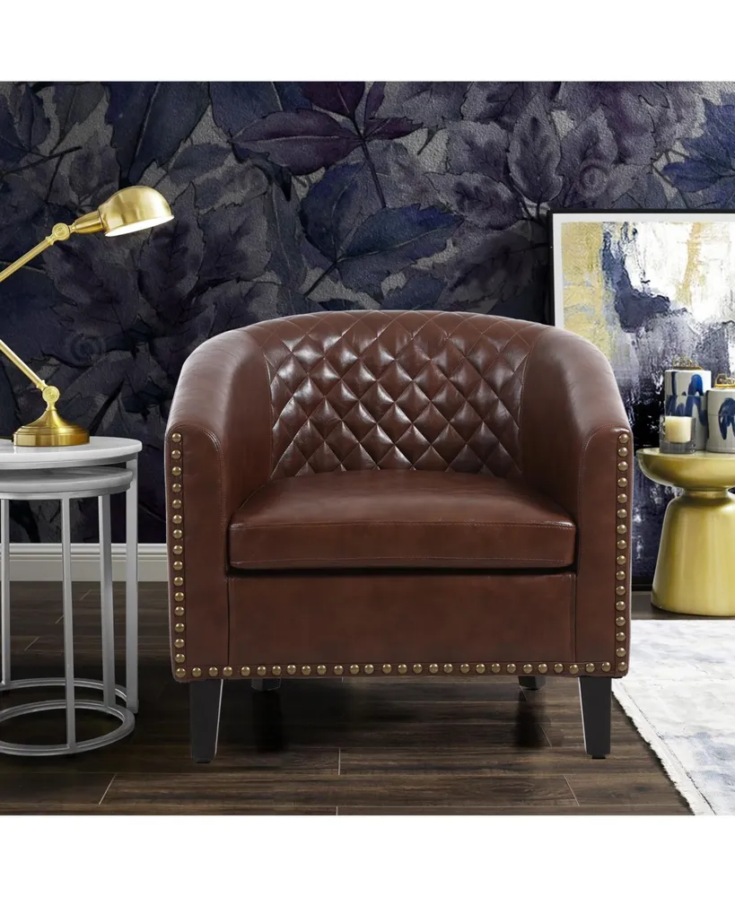Simplie Fun Accent Barrel Chair Living Room Chair With Nailhead And Solid Wood Legs Pu Leather