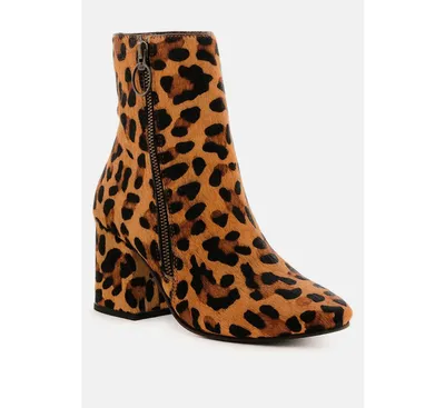 Helen Women's Leopard Print Block Heel Leather Ankle Boots