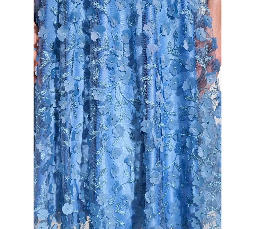 Eliza J Petite 3D Floating Flowers Off-The-Shoulder Midi Dress