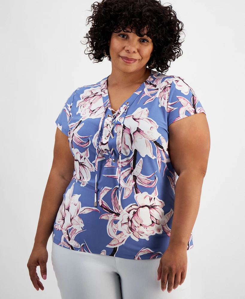 I.n.c. International Concepts Plus Size Floral-Print Lace-Up-Neck Top, Created for Macy's