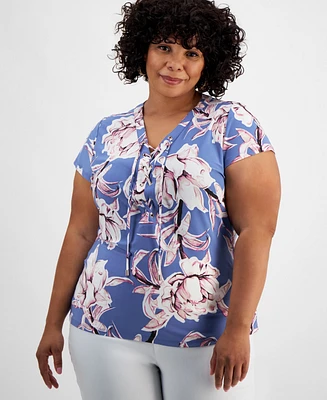 I.n.c. International Concepts Plus Floral-Print Lace-Up-Neck Top, Created for Macy's