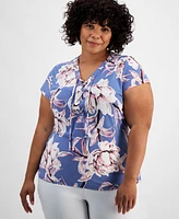 I.n.c. International Concepts Plus Floral-Print Lace-Up-Neck Top, Created for Macy's