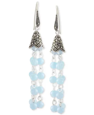 Blue Agate (3-1/2 ct. t.w.) & Marcasite (5/8 ct. t.w.) Bead Drop Earrings in Sterling Silver