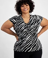 I.n.c. International Concepts Plus Animal-Print Lace-Up-Neck Top, Created for Macy's