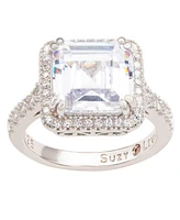 Suzy Levian Sterling Silver White Assher Cubic Zirconia Center Stone Ring