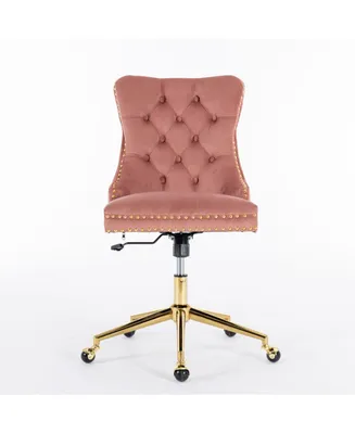 Simplie Fun Office Chair, Velvet Upholstered Tufted Button Home Office Chair With Golden Metal Base, Adjustable Desk Chair Swivel Office Chair (Pink)