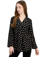 Ak Anne Klein Petite Polka-Dot Pleated Tunic