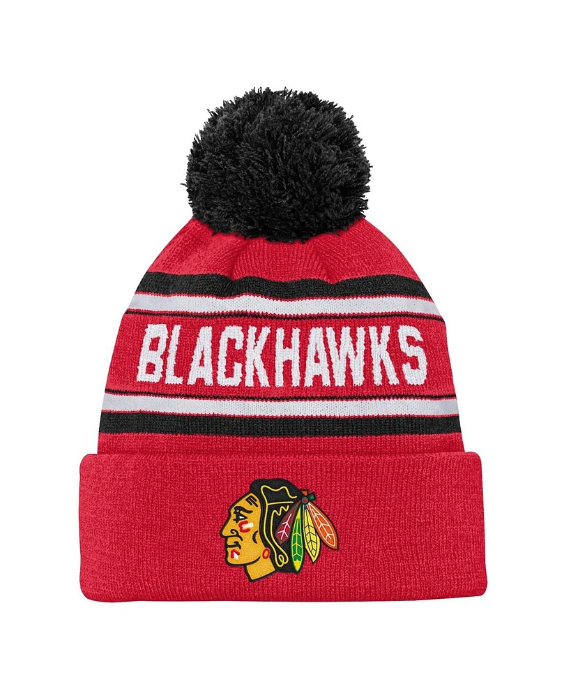 Youth Boys and Girls Chicago Blackhawks Red Jacquard Cuffed Knit Hat with Pom