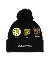 Men's Mitchell & Ness Black, Boston Bruins 100th Anniversary Collection Timeline Cuffed Knit Hat with Pom