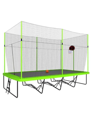 10ft by 17ft Rectangular Trampoline with Green Fabric Black Powder-coated Galvanized Steel Tubes with Basketball Hoop System Advanced Ladder