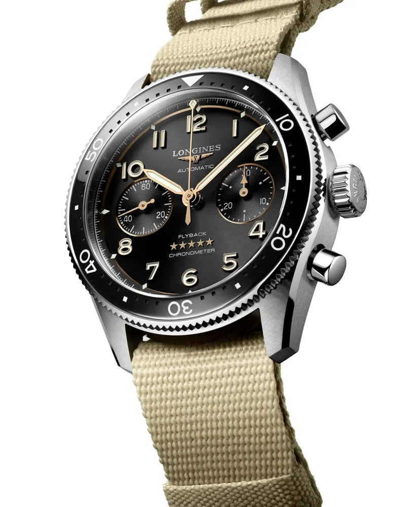 Longines Men's Swiss Automatic Chronograph Spirit Flyback Beige Nato Strap Watch 42mm