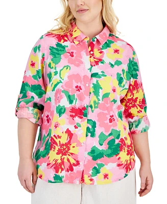 Charter Club Plus Linen Floral-Print Roll-Tab Shirt, Created for Macy's