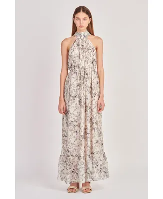 Women's Abstract Floral Print Halter Maxi Dress