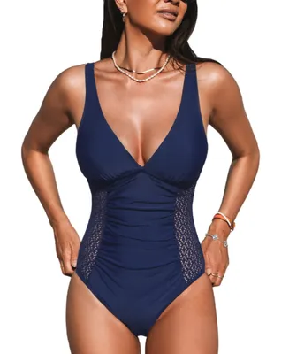 Women's Ruched Tummy Control Lace One Piece Swimsuit