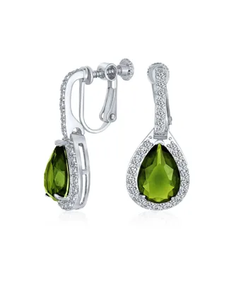 Bling Jewelry 7CT Style Halo Green Cubic Zirconia Cz Dangle Drop Teardrop Screw Back Clip On Earrings smaid Rhodium Plated