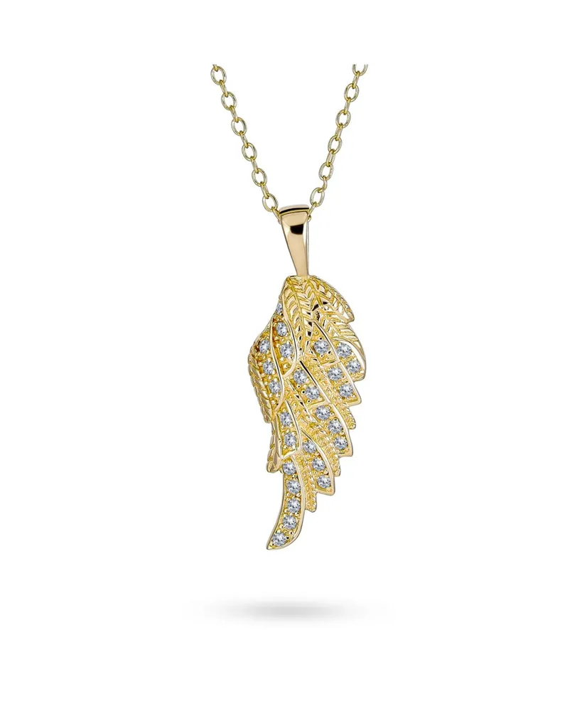 Bling Jewelry Religious Spiritual Cz Pave Accent Feather Guardian Angel Wing Pendant Necklace For Women Sterling Silver