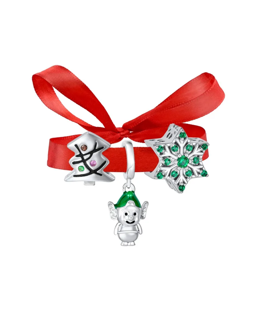 Bling Jewelry Christmas Tree Set of 3 Snowflake Santa Helper Fun Holiday Cartoon Dangling Enamel Green Elf Charm Bead For Sterling Silver For European